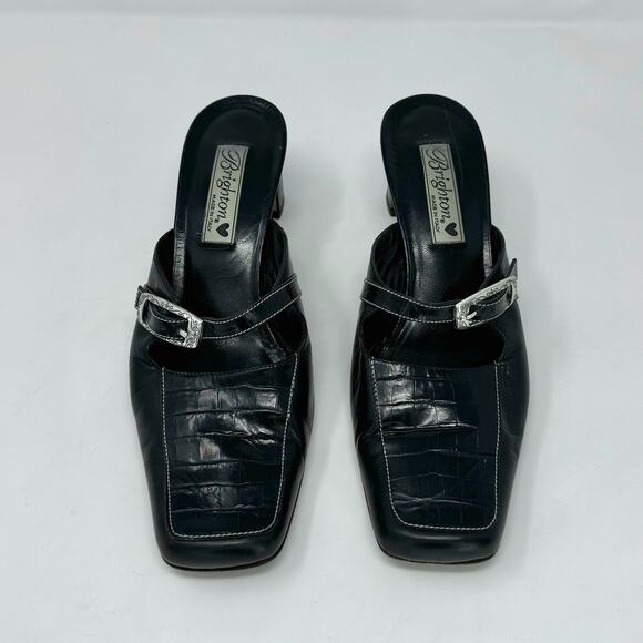 Brighton Tanner Black Leather Croc Embossed Buckle Mule Heels Size 8M Square Toe - Picture 3 of 10